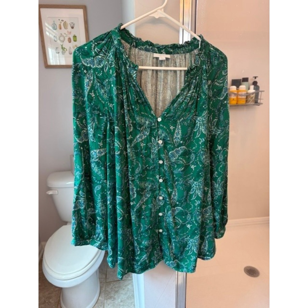 J. Jill Green Paisley Button Front Blouse 2X Lenzing Ecovero Viscose Ruffle Neck
